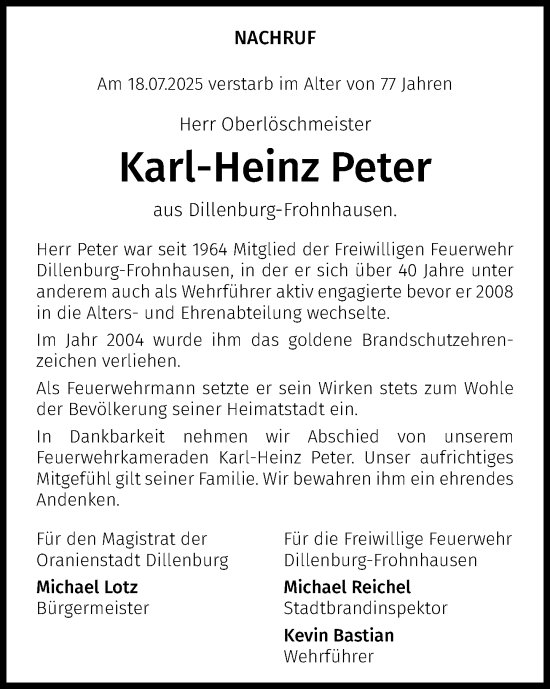 Traueranzeige von Karl-Heinz Peter von Dill Block