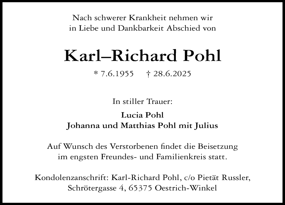  Traueranzeige für Karl-Richard Pohl vom 05.07.2025 aus Rheingau Kurier