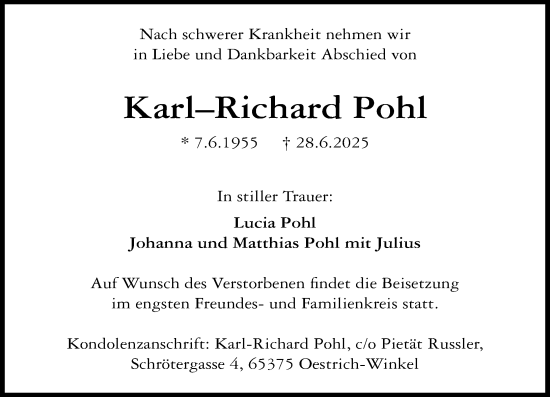 Traueranzeige von Karl-Richard Pohl von Rheingau Kurier