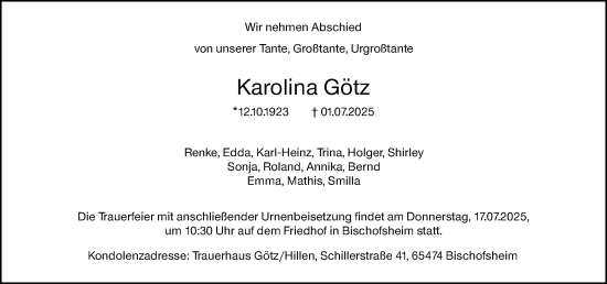 Traueranzeige von Karolina Götz von Allgemeine Zeitung Mainz