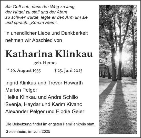 Traueranzeige von Katharina Klinkau von Rheingau Kurier