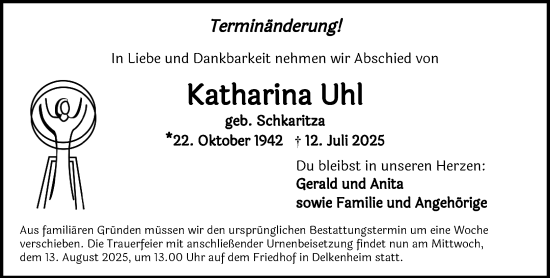 Traueranzeige von Katharina Uhl von Wiesbadener Kurier