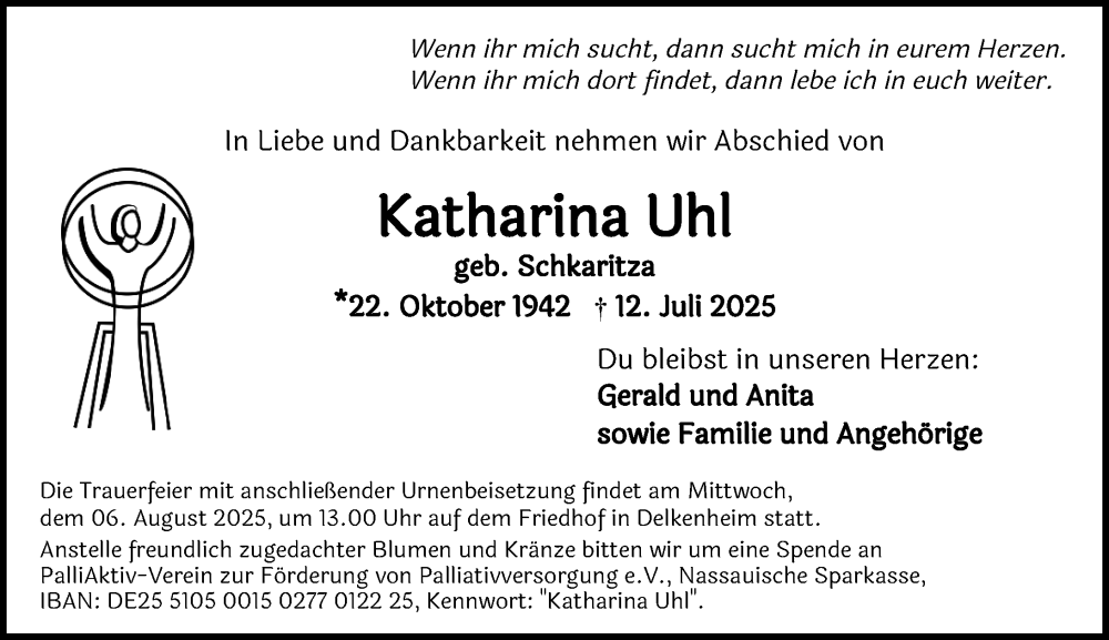  Traueranzeige für Katharina Uhl vom 19.07.2025 aus Wiesbadener Kurier
