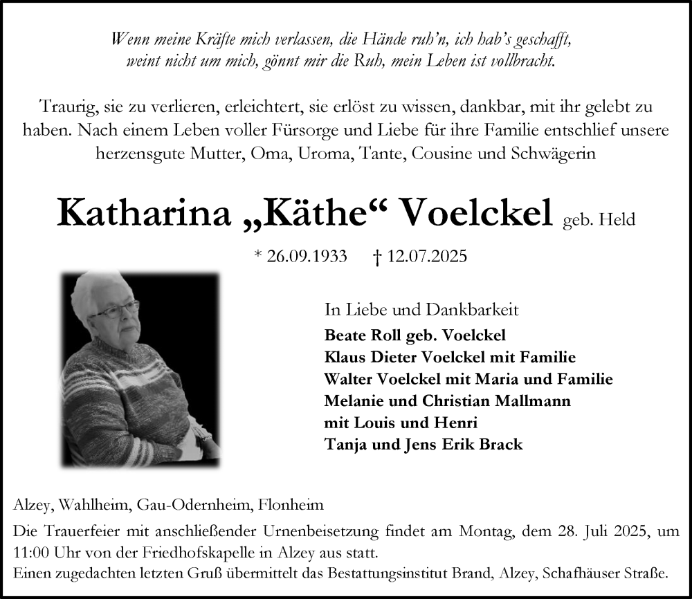  Traueranzeige für Katharina  Voelckel vom 19.07.2025 aus Allgemeine Zeitung Alzey