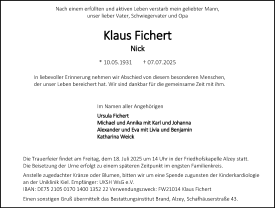 Traueranzeige von Klaus Fichert von Allgemeine Zeitung Alzey