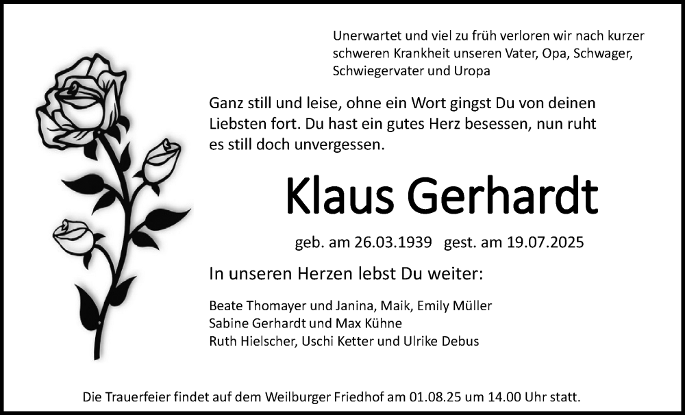 Traueranzeige für Klaus Gerhardt vom 26.07.2025 aus Weilburger Tageblatt