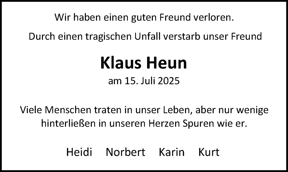 Traueranzeige für Klaus Heun vom 19.07.2025 aus Idsteiner Land/Untertaunus