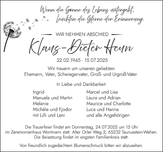 Traueranzeige von Klaus Dieter Heun von Wiesbadener Kurier