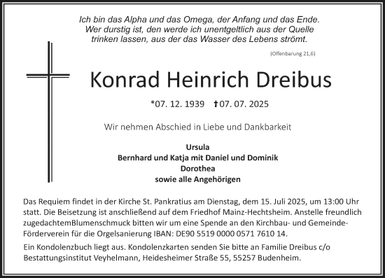 Traueranzeige von Konrad Heinrich Dreibus von Allgemeine Zeitung Mainz