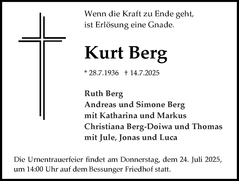  Traueranzeige für Kurt Berg vom 19.07.2025 aus Darmstädter Echo