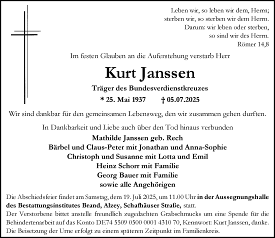 Traueranzeige von Kurt Janssen von Allgemeine Zeitung Alzey