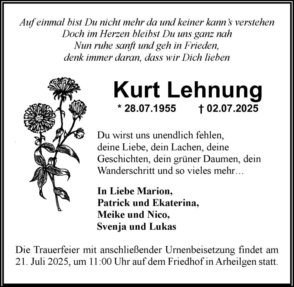  Traueranzeige für Kurt Lehnung vom 12.07.2025 aus Darmstädter Echo