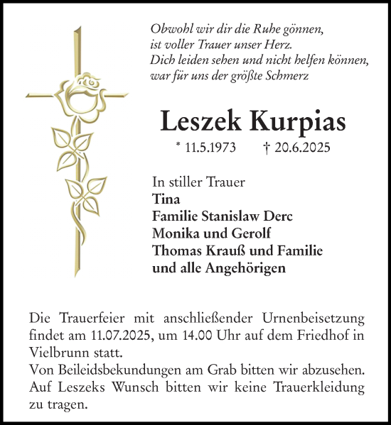 Traueranzeige von Leszek Kurpias von Odenwälder Echo