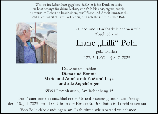Traueranzeige von Liane Pohl von Rheingau Kurier