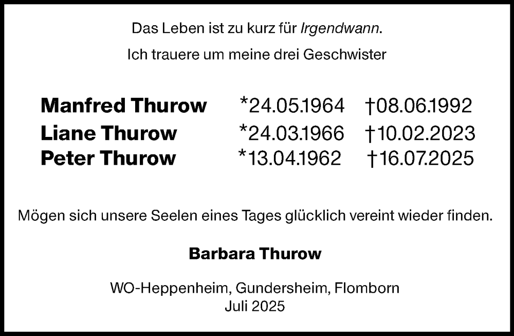  Traueranzeige für Liane Thurow vom 23.07.2025 aus Allgemeine Zeitung Alzey