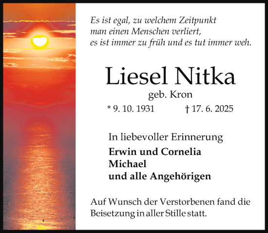 Traueranzeige von Liesel Nitka von Allgemeine Zeitung Mainz