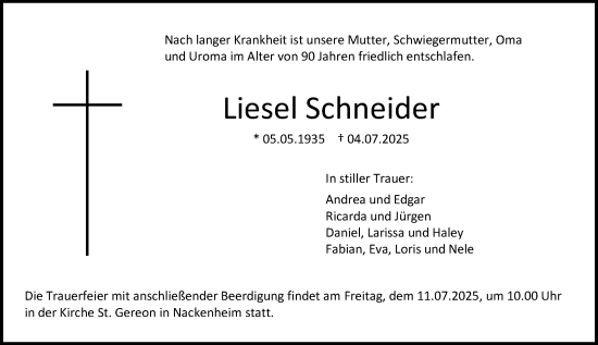 Traueranzeige von Liesel Schneider von Allgemeine Zeitung Mainz
