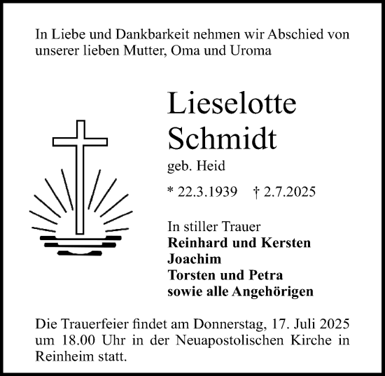 Traueranzeige von Lieselotte Schmidt von Odenwälder Echo