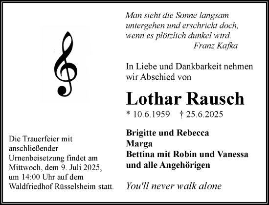 Traueranzeige von Lothar Rausch von Rüsselsheimer Echo