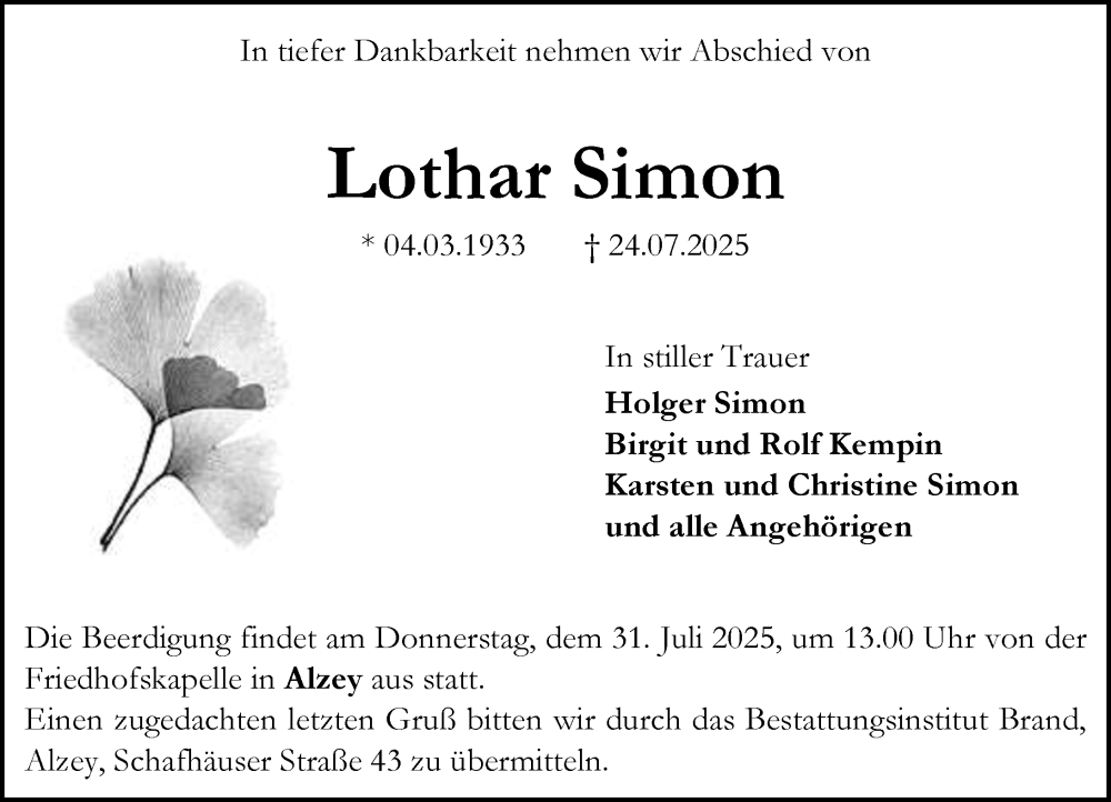  Traueranzeige für Lothar Simon vom 26.07.2025 aus Allgemeine Zeitung Alzey