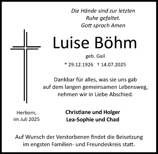 Traueranzeige von Louise Böhm von Dill Block