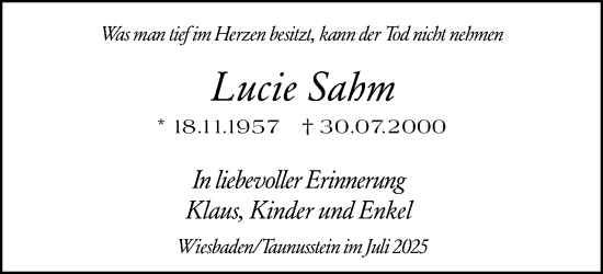 Traueranzeige von Lucie Sahm von Wiesbadener Kurier