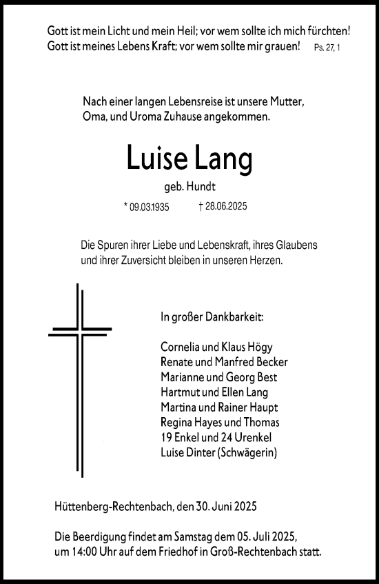 Traueranzeige von Luise Lang von Wetzlarer Neue Zeitung
