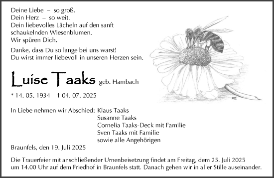 Traueranzeige von Luise Taaks von Wetzlarer Neue Zeitung