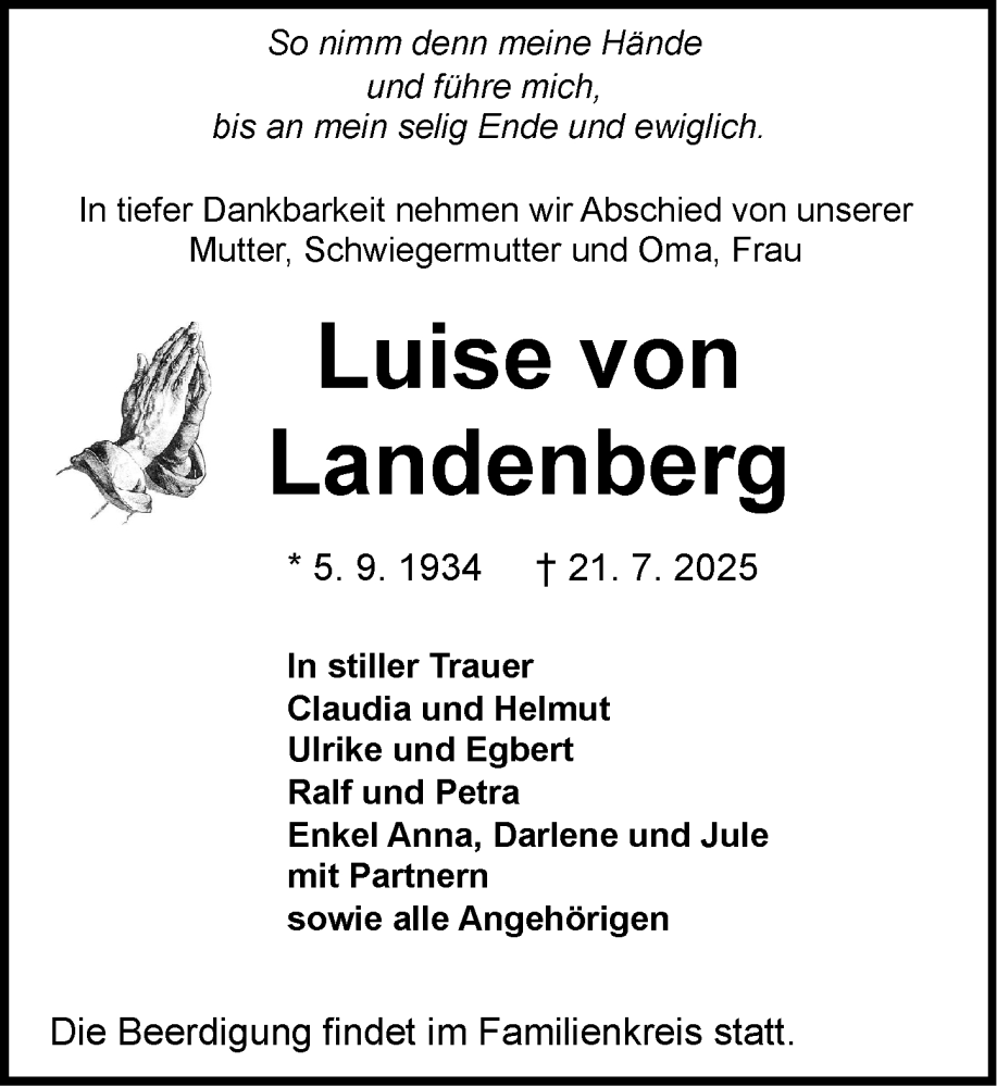  Traueranzeige für Luise von Landenberg vom 26.07.2025 aus Wormser Zeitung