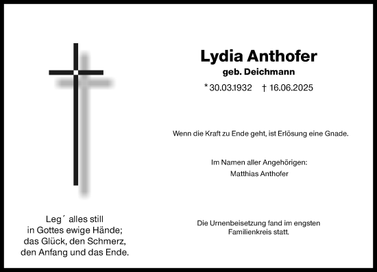 Traueranzeige von Lydia Anthofer von Wormser Zeitung