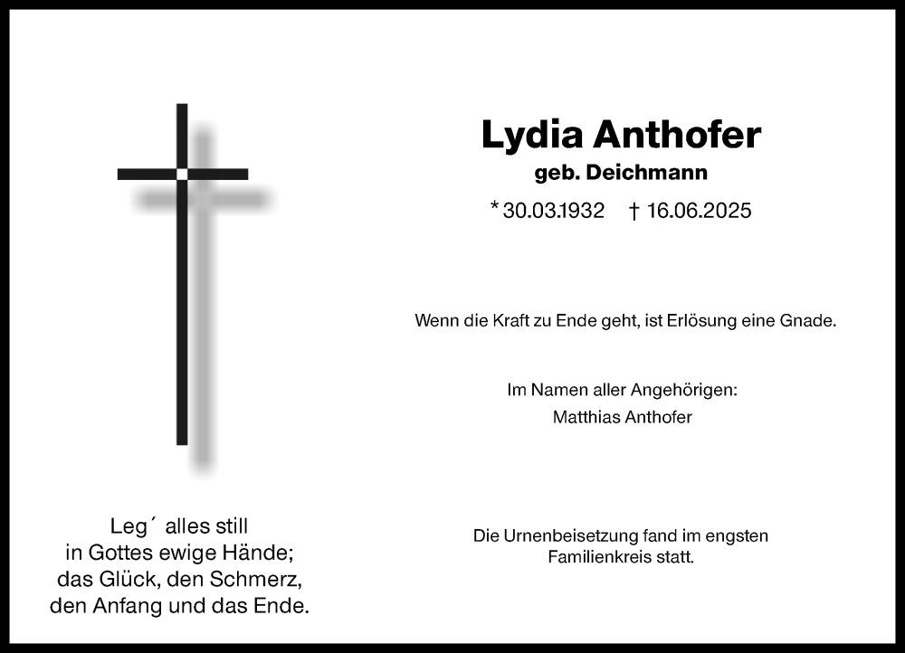  Traueranzeige für Lydia Anthofer vom 14.07.2025 aus Wormser Zeitung