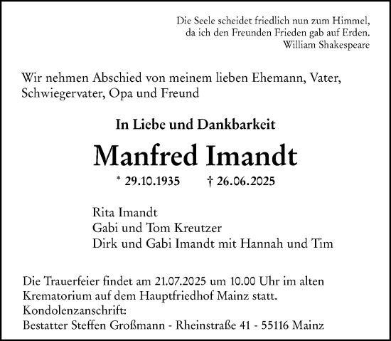 Traueranzeige von Manfred Imandt von Allgemeine Zeitung Mainz