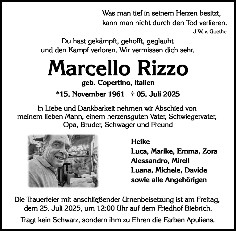  Traueranzeige für Marcello Rizzo vom 19.07.2025 aus Wiesbadener Kurier