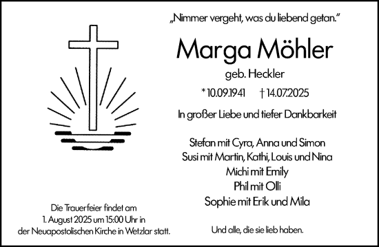Traueranzeige von Marga Möhler von Wetzlarer Neue Zeitung