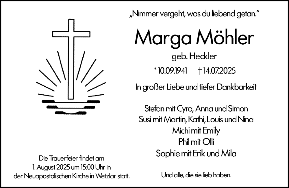  Traueranzeige für Marga Möhler vom 21.07.2025 aus Wetzlarer Neue Zeitung