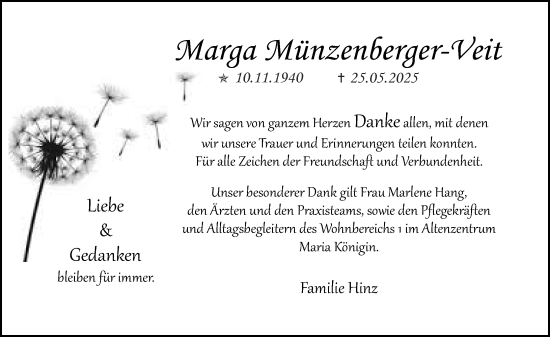 Traueranzeige von Marga Münzenberger-Veit von Allgemeine Zeitung Mainz