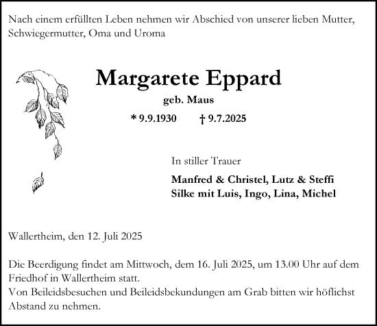 Traueranzeige von Margarete Eppard von Allgemeine Zeitung Alzey