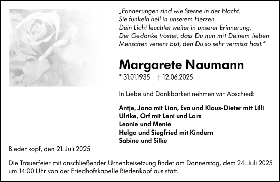 Traueranzeige von Margarete Naumann von Hinterländer Anzeiger