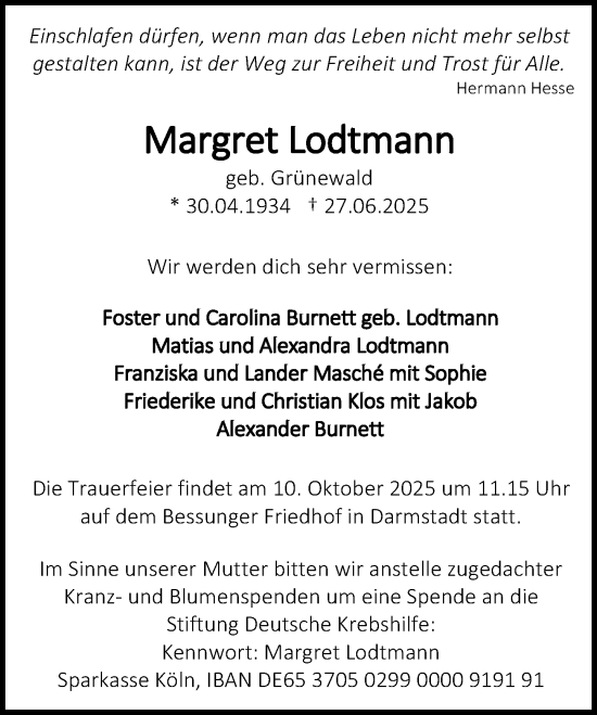 Traueranzeige von Margret Lodtmann von Darmstädter Echo