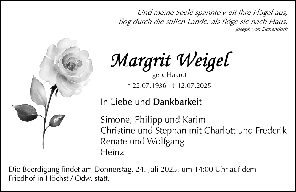  Traueranzeige für Margrit Weigel vom 19.07.2025 aus Odenwälder Echo