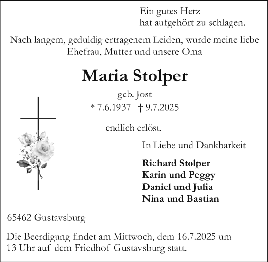 Traueranzeige von Maria Stolper von Allgemeine Zeitung Mainz