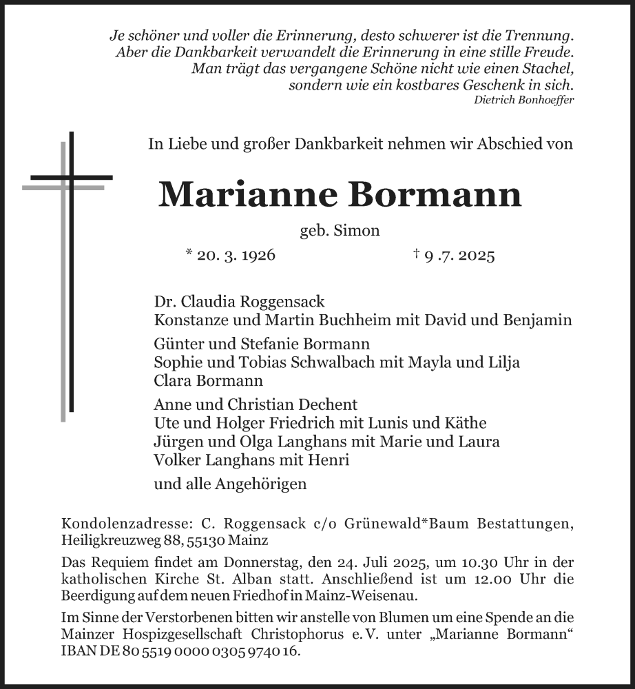  Traueranzeige für Maria Anna Bormann vom 19.07.2025 aus Allgemeine Zeitung Mainz