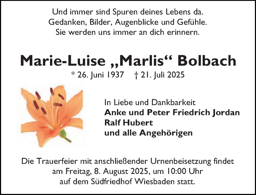 Traueranzeige für Marie-Luise Marie-Luise vom 26.07.2025 aus Wiesbadener Kurier