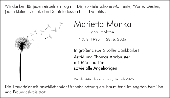 Traueranzeige von Marietta Monka von Wetzlarer Neue Zeitung