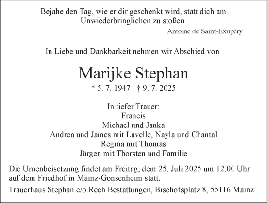 Traueranzeige von Marijke Stephan von Allgemeine Zeitung Mainz