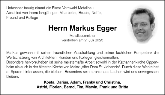 Traueranzeige von Markus Egger von Allgemeine Zeitung Mainz