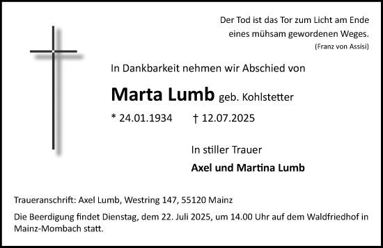 Traueranzeige von Marta Lumb von Allgemeine Zeitung Mainz
