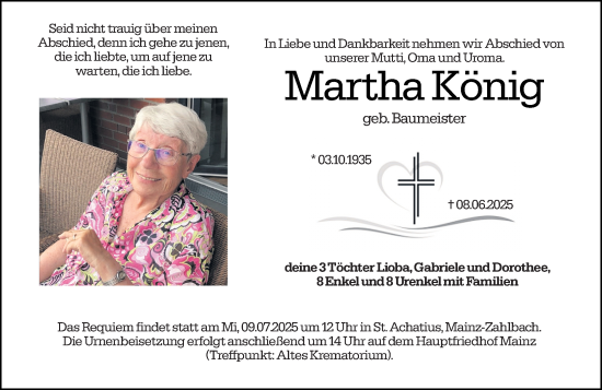 Traueranzeige von Martha König von Allgemeine Zeitung Mainz