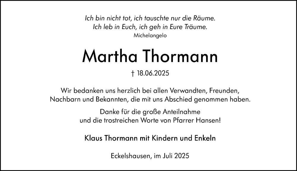  Traueranzeige für Martha Thormann vom 19.07.2025 aus Hinterländer Anzeiger