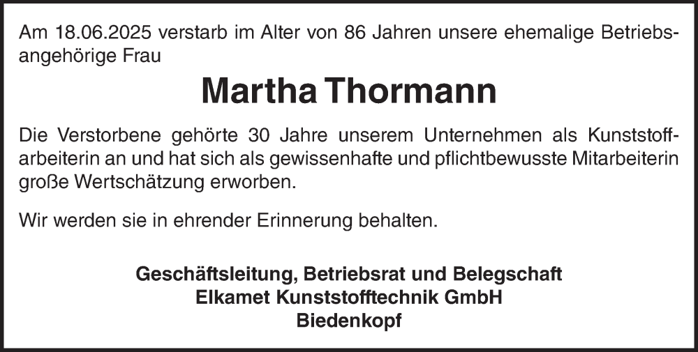  Traueranzeige für Martha Thormann vom 03.07.2025 aus Hinterländer Anzeiger